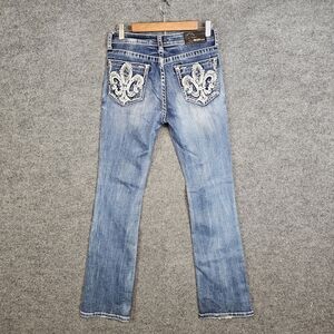 Grace In L.A. Embellished Fleur de Lis Back Pocket Jeans - Light Blue Size: 29